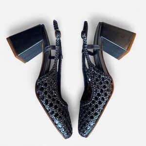 La Canadienne Woven Leather Slingback Block Heels Metallic Navy Blue Size 10.5